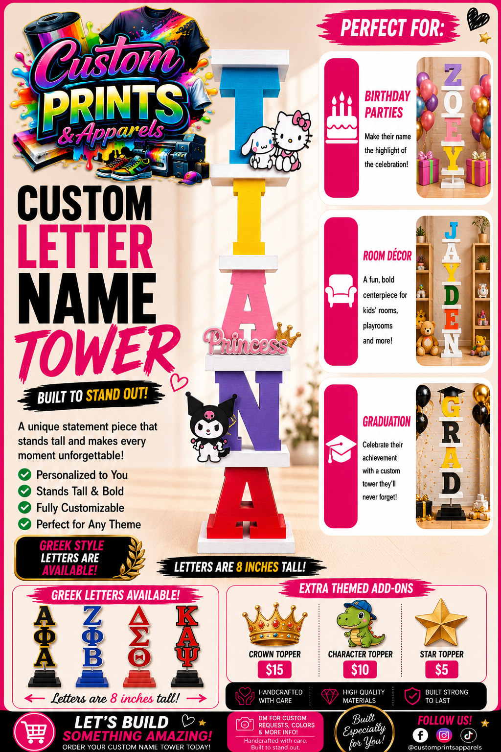 Personalized 8” 3D Printed Name Tower